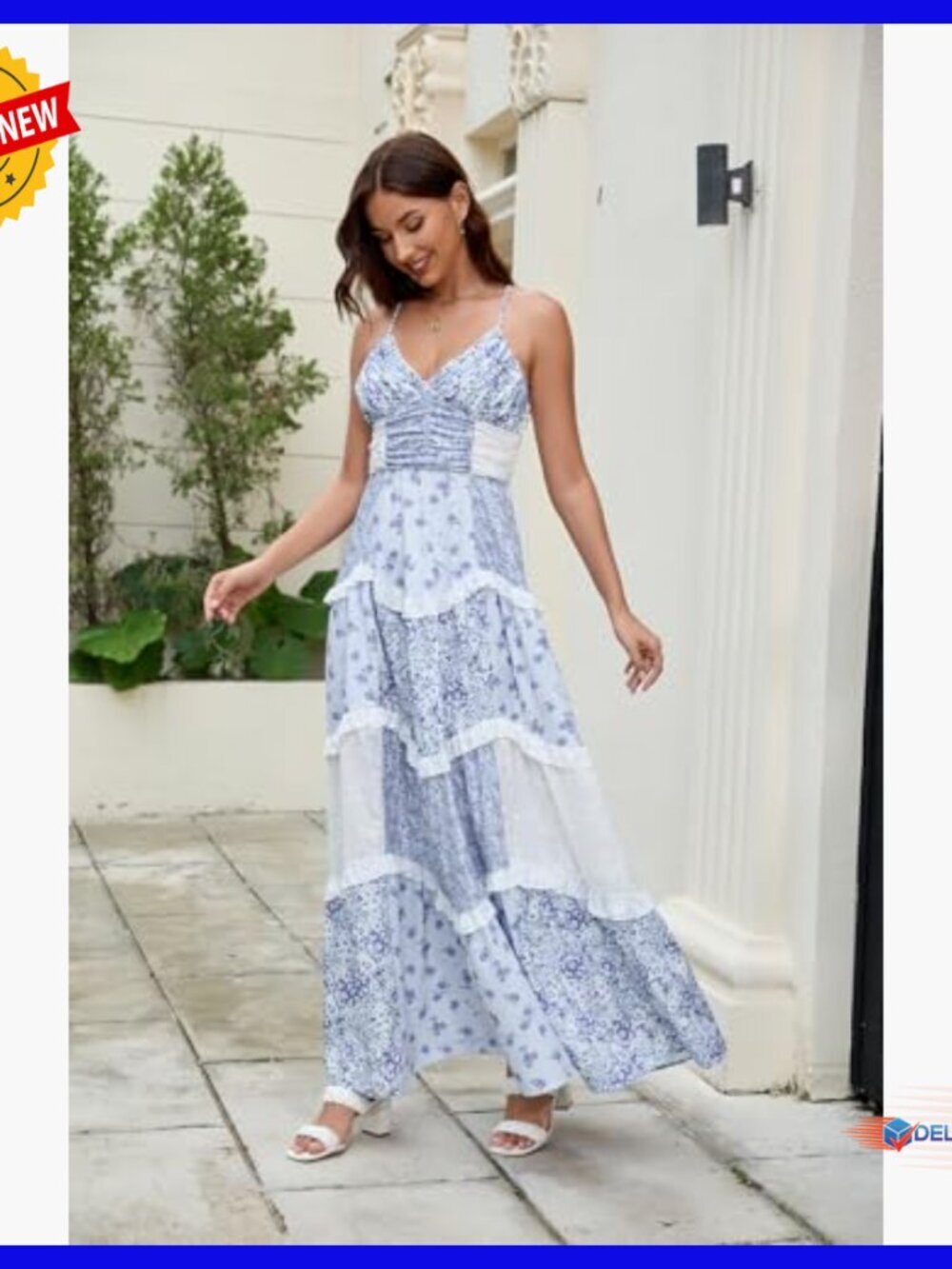 Floral Patchwork Maxi Dress V Neck Sleeveless Cross Back Tiered Sundress - Picture 6 of 7